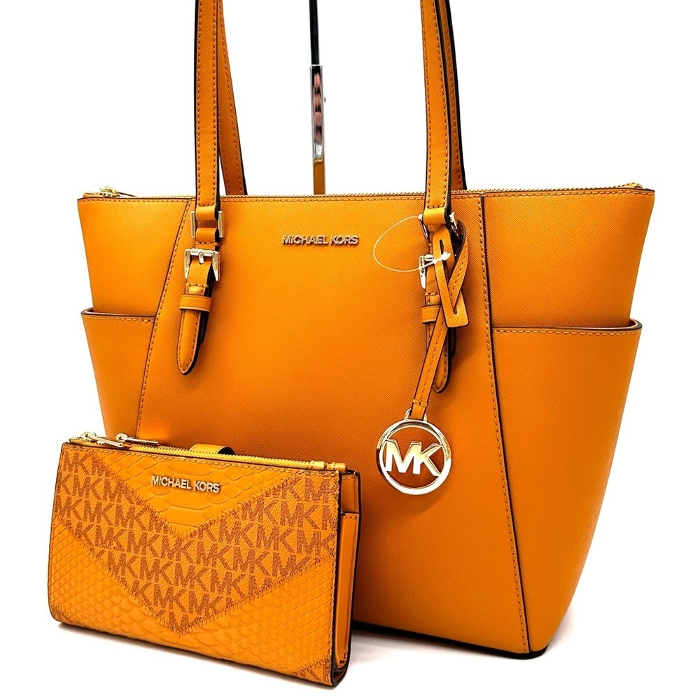 Michael Kors Large Charlotte Tote Bag & Double Zip Wallet Wristlet Cider (NWT) - Picture 2 of 15